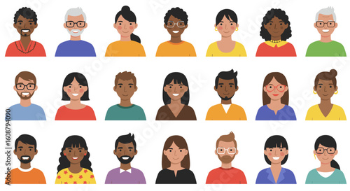 Diverse collection of smiling people in flat style portraits
