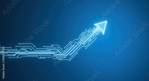 Digital growth accelerating forward with futuristic circuit board technology and upward trending arrow indicating progress and innovation
