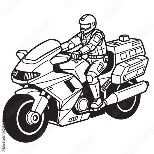 Bold black and white illustration of a futuristic rider on a motorcycle in motion