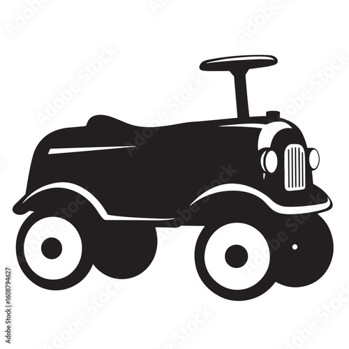 Classic antique black and white toy pedal car vector illustration for childhood playtime