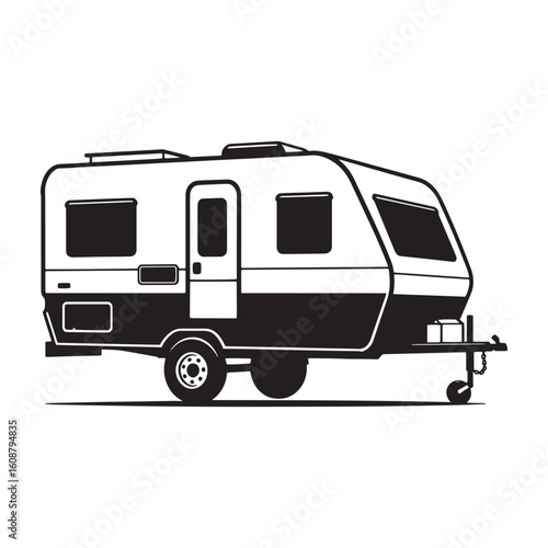 Classic black and white illustrated travel trailer icon representing camping and adventure