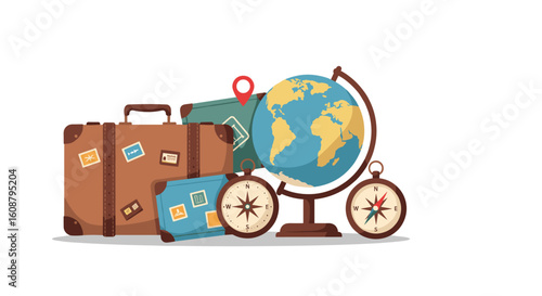 Travel essentials and adventure icons with globe and suitcases