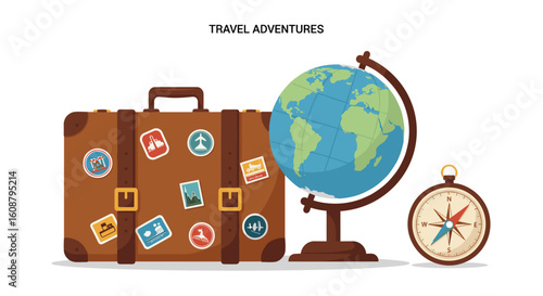 Travel adventures with suitcase, globe, and compass: planning your next exciting journey