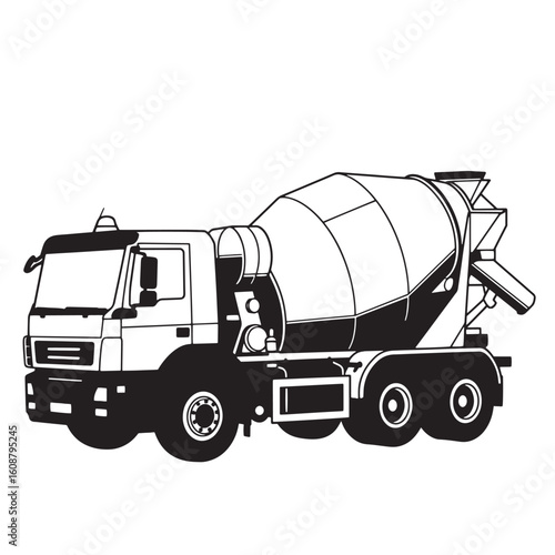 Concrete mixer truck illustration black and white vector for construction industry projects