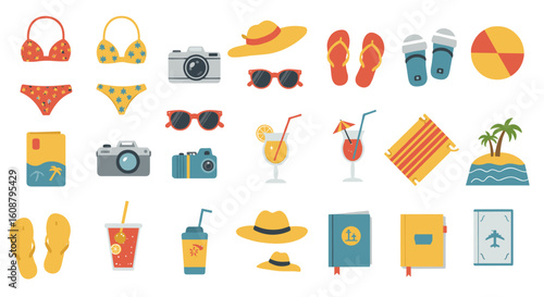 Summer beach essentials icons in flat design for vacation and travel
