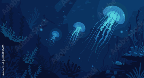 Enchanting glow of jellyfish in a deep sea adventure