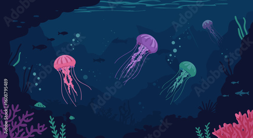 Mesmerizing underwater scene with colorful jellyfish and coral reefs in a dark ocean cavern