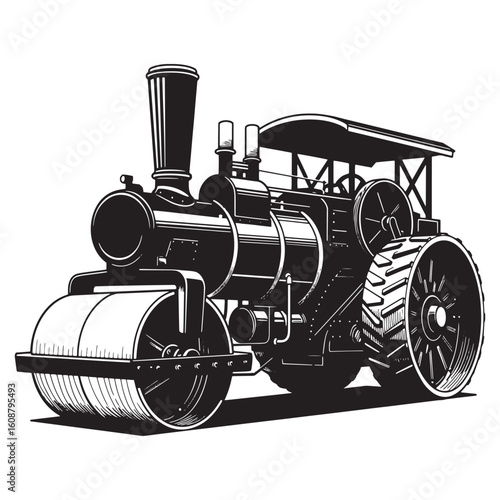 Detailed black and white illustration of a vintage steam roller construction machine
