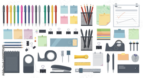 Office supplies collection with sticky notes and stationery in modern flat design