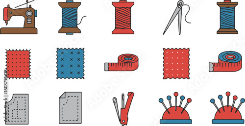 Sewing Kit Icons: Flat Design, Red and Blue, Craft Supplies,  Fabric Textures, Measurement Tools,  Vintage Sewing Machine.