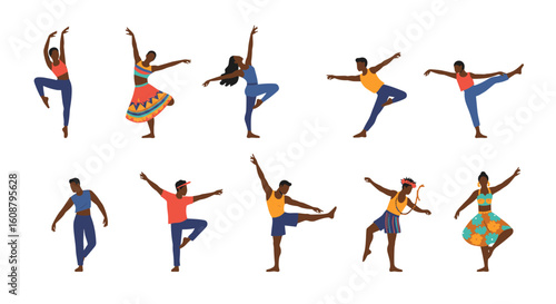 Colorful dance poses featuring diverse ballet and cultural attire on white