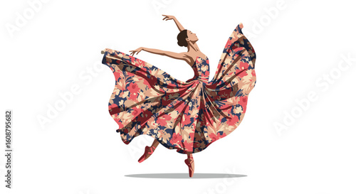 Graceful ballerina in floral dress performing elegant dance