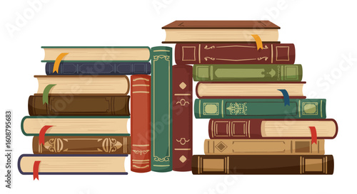 Stacked vintage books with bookmarks in flat style for educational and library themes