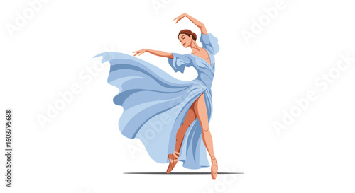 Graceful ballet dancer in flowing blue dress performing elegant ballet pose