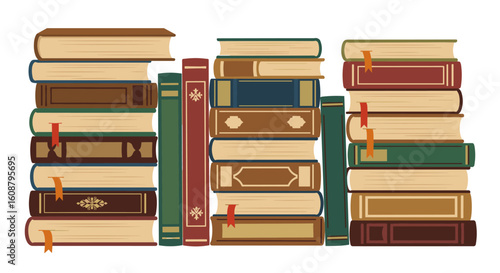 Classic stack of books with bookmarks in retro style