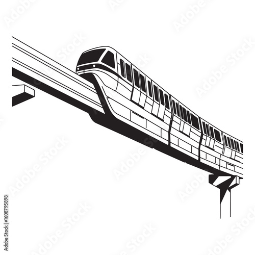 Monochrome illustration of a modern elevated monorail train transportation in the city