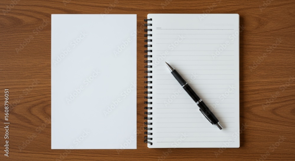 Flat lay of a clean, spiral-bound notebook with lined pages and a black pen on a polished wooden surface for note-taking, journaling, or writing projects Flat lay of a clean, spiral-bound notebook with lined pages and a black pen on a polished wooden surface for note-taking, journaling, or writing projects