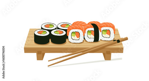 Assorted sushi rolls on wooden platter with chopsticks