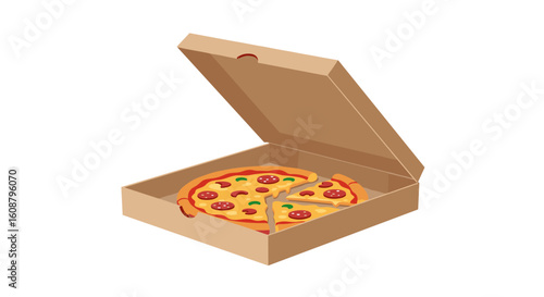 Open cardboard box with delicious pepperoni pizza inside