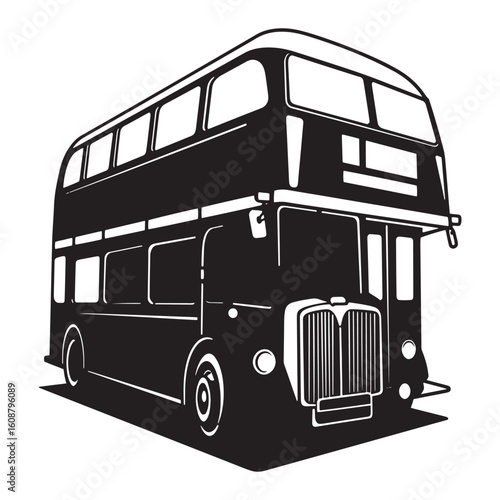 Silhouette illustration of a classic double decker bus in black and white vector art
