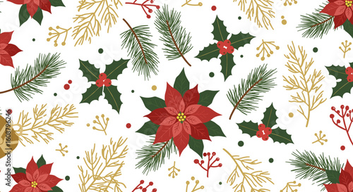 Festive holiday pattern with poinsettia and pine branches on white background