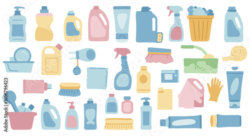 Colorful collection of cleaning supplies in flat design on white background