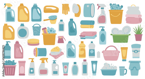 Colorful collection of household cleaning supplies in flat design