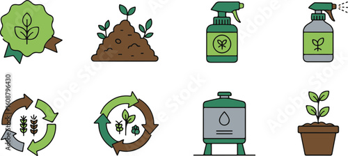 Sustainable Agriculture Icon Set: Eco-Friendly Farming, Growth, and Recycling Symbols in Flat Line Art Style.