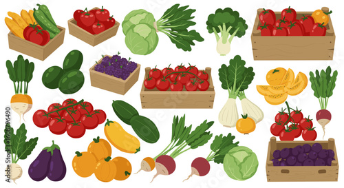Fresh vegetable variety in wooden crates with leafy greens and roots