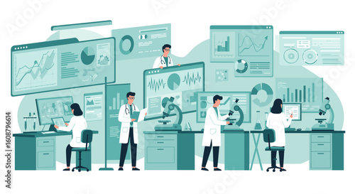 Scientists in a modern laboratory analyzing data and conducting experiments