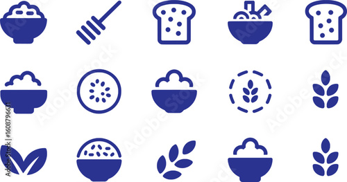Blue food icons collection with bowls of rice bread and wheat stalks vector
