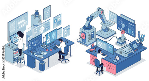 Futuristic workspace with scientists using advanced technology and ai robots