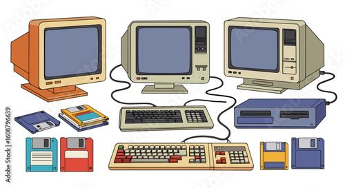 Vintage computer collection with retro monitors, keyboards, and floppy disks