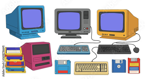 Vintage computers and accessories collection in retro style