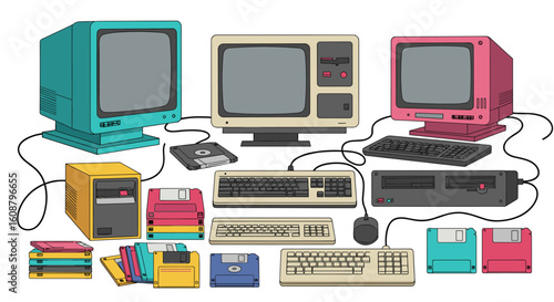 Vintage computer retro technology collection with floppy disks and accessories