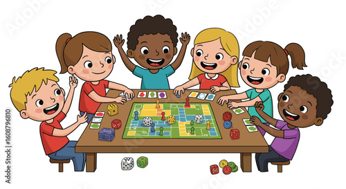 Diverse group of kids playing board games with joy and excitement