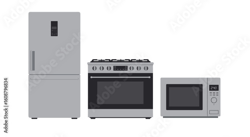 Modern kitchen appliances collection: fridge, oven, and microwave