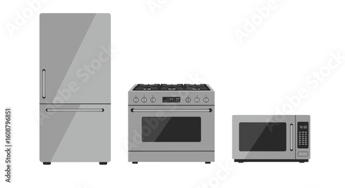 Modern kitchen appliances: refrigerator, oven, and microwave set in minimalist style