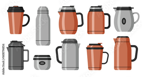 Stylish thermos and travel mug collection in modern flat design