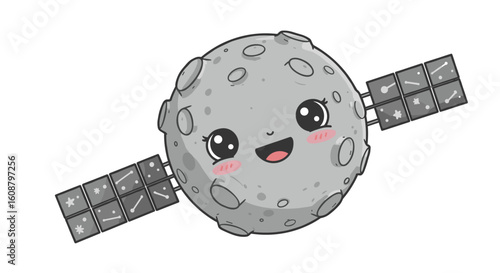 Cute kawaii cartoon moon satellite with smiling face and solar panels