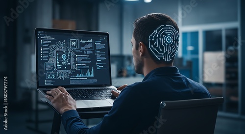Man working on laptop with futuristic AI brain interface overlay, symbolizing technological advancement and artificial intelligence