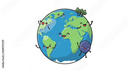 Cute earth characters celebrating environmental harmony in cartoon style