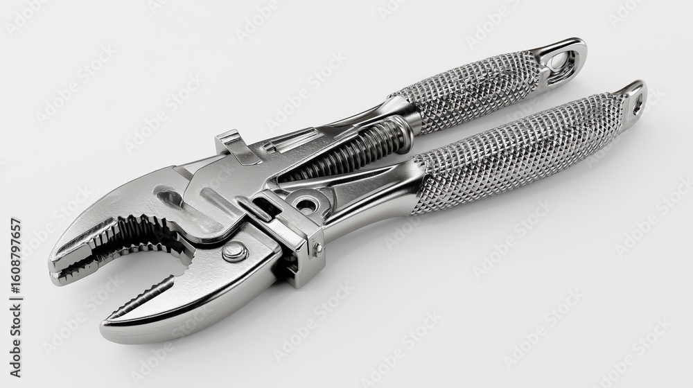 Obraz premium Close-Up of Metallic Adjustable Wrench with Textured Handles on White Background