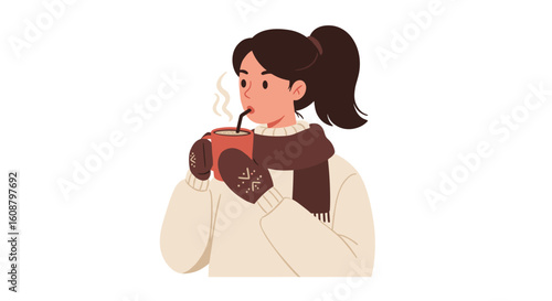 Cozy winter girl sipping hot drink in minimalist style