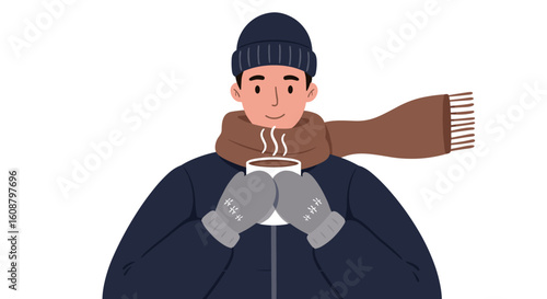 Cozy winter companion sipping hot beverage in warm clothing