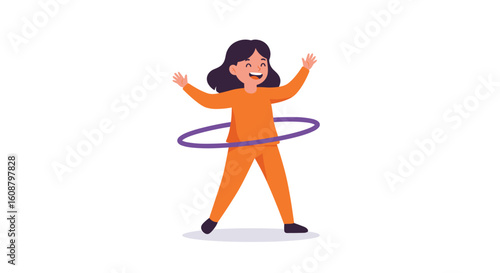 Happy child playing with hula hoop in vibrant cartoon style