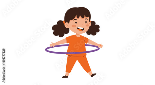 Happy child in orange outfit playing with hula hoop