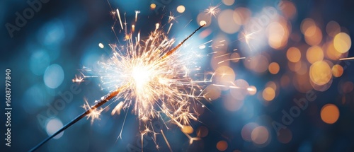 The bright sparkler illuminating the joyful festive atmosphere at night.