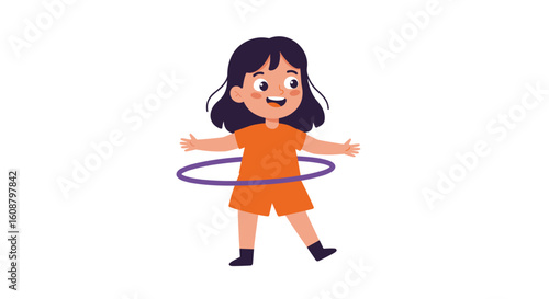 Happy child playing with hula hoop in simple cartoon style