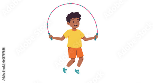 Happy child jumping rope in vibrant flat style on white background